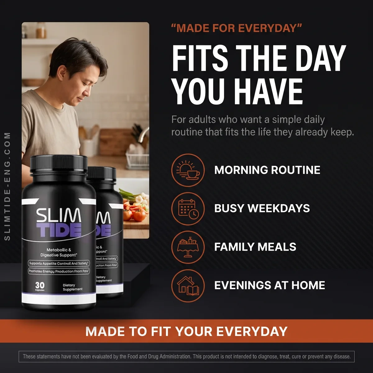 SlimTide capsule bottle in an everyday routine scene, a brand photo about slimtide for men